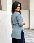 Bluish Green Stripe Cotton Short Kurta