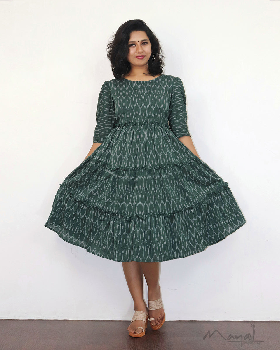 Bottle Green Ikat Fit & Flare Dresses