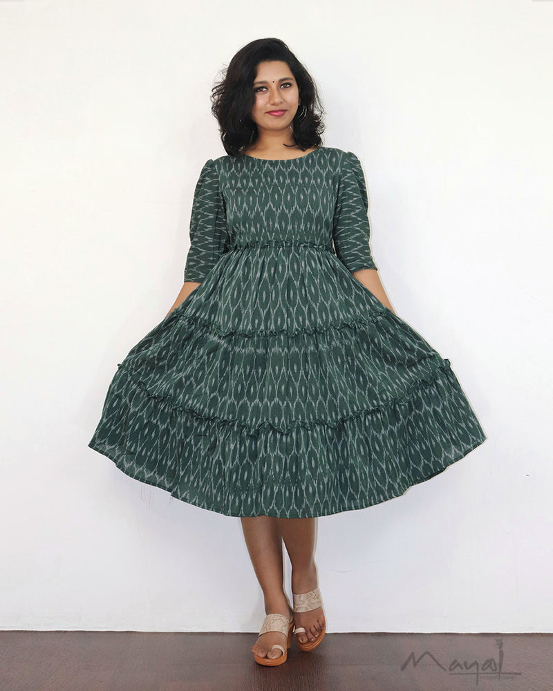 Bottle Green Ikat Fit & Flare Dresses