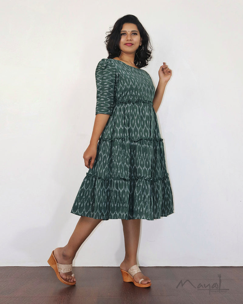 Bottle Green Ikat Fit & Flare Dresses