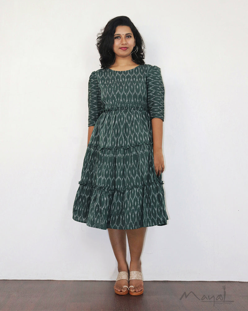 Bottle Green Ikat Fit & Flare Dresses