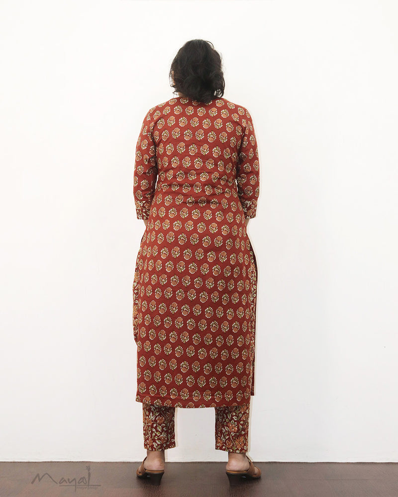 Brick Red Printed Cotton Kurta With Pant