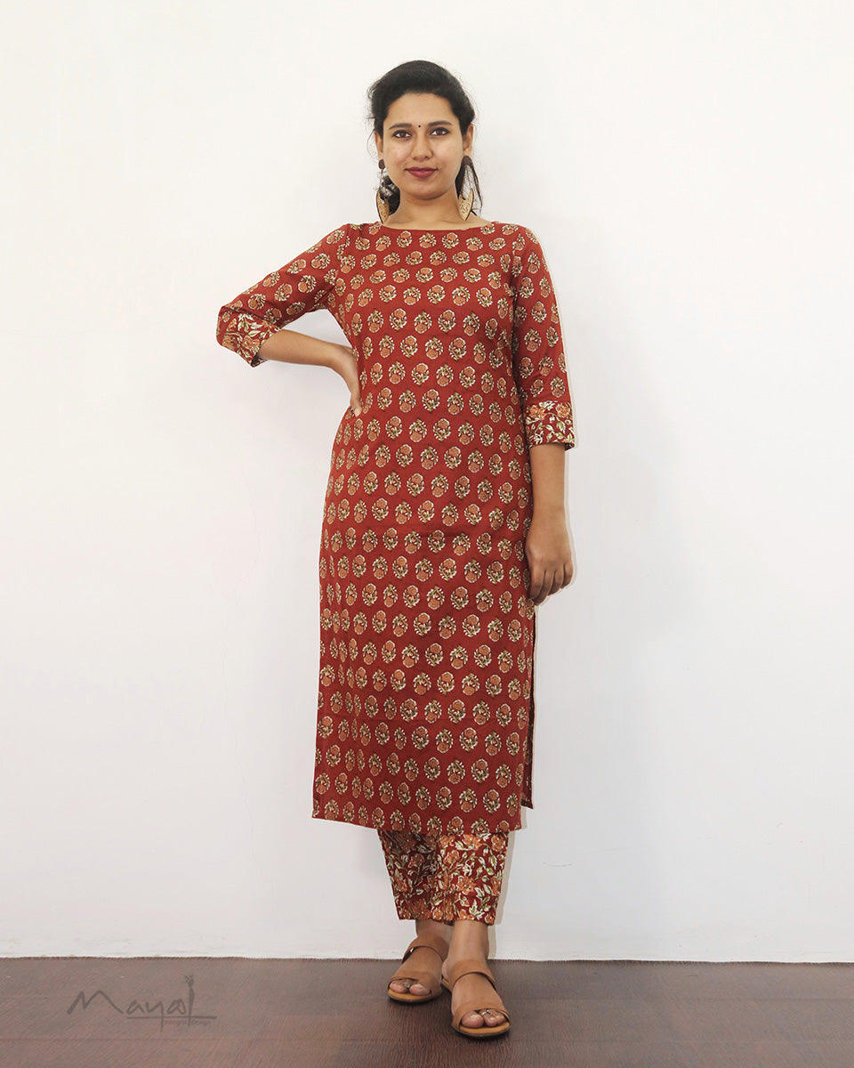 Brick Red Printed Cotton Kurta With Pant