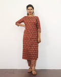 Brick Red Printed Cotton Kurta With Pant