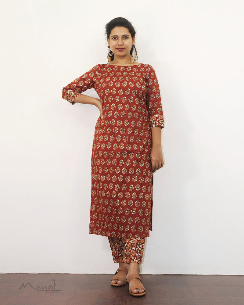 Brick Red Printed Cotton Kurta With Pant