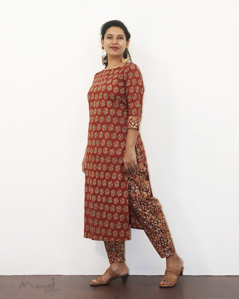Brick Red Printed Cotton Kurta With Pant