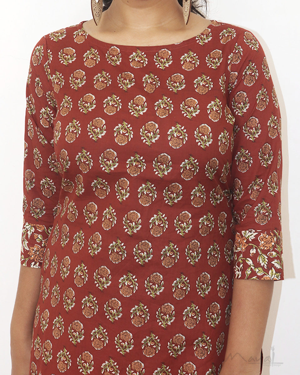 Brick Red Printed Cotton Kurta With Pant