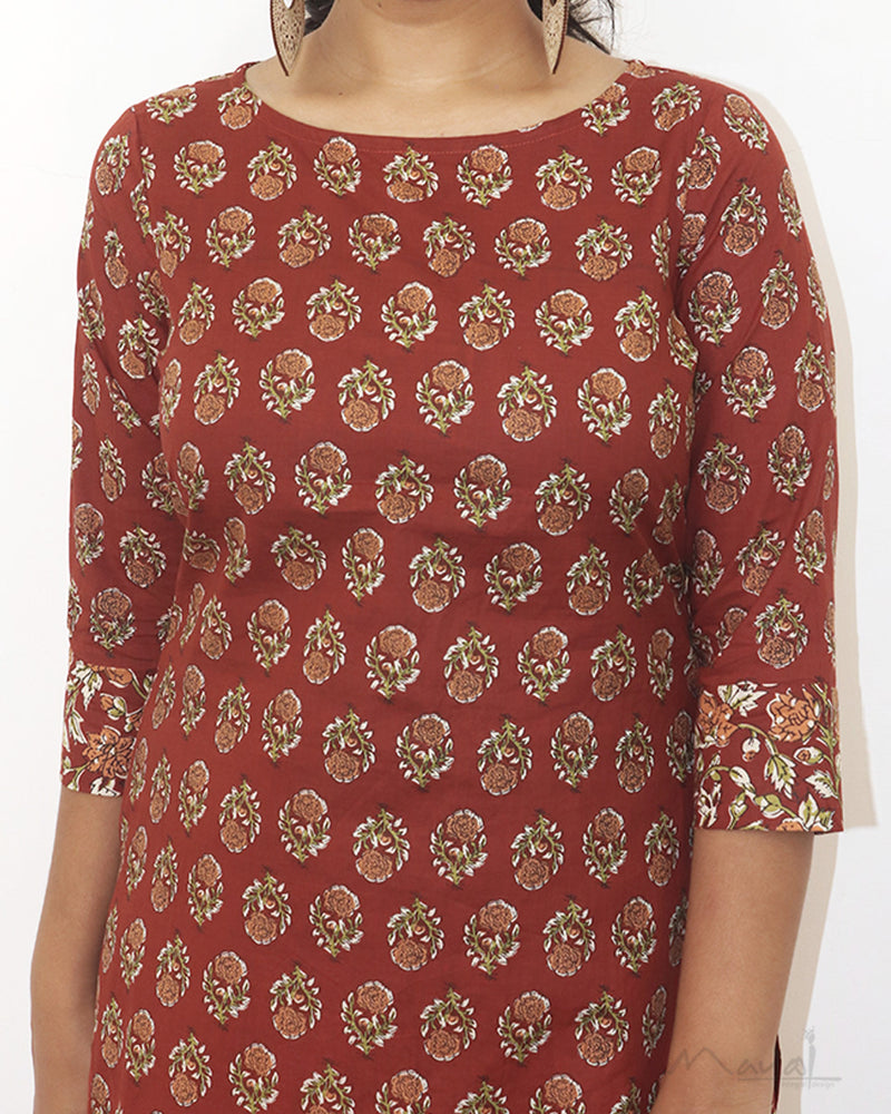 Brick Red Printed Cotton Kurta With Pant