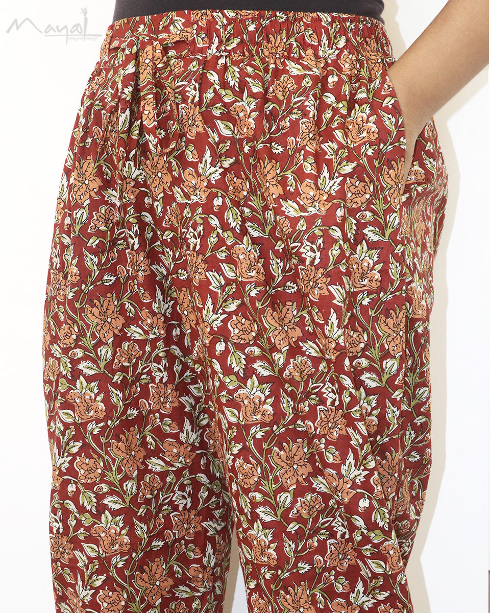 Brick Red Printed Cotton Kurta With Pant