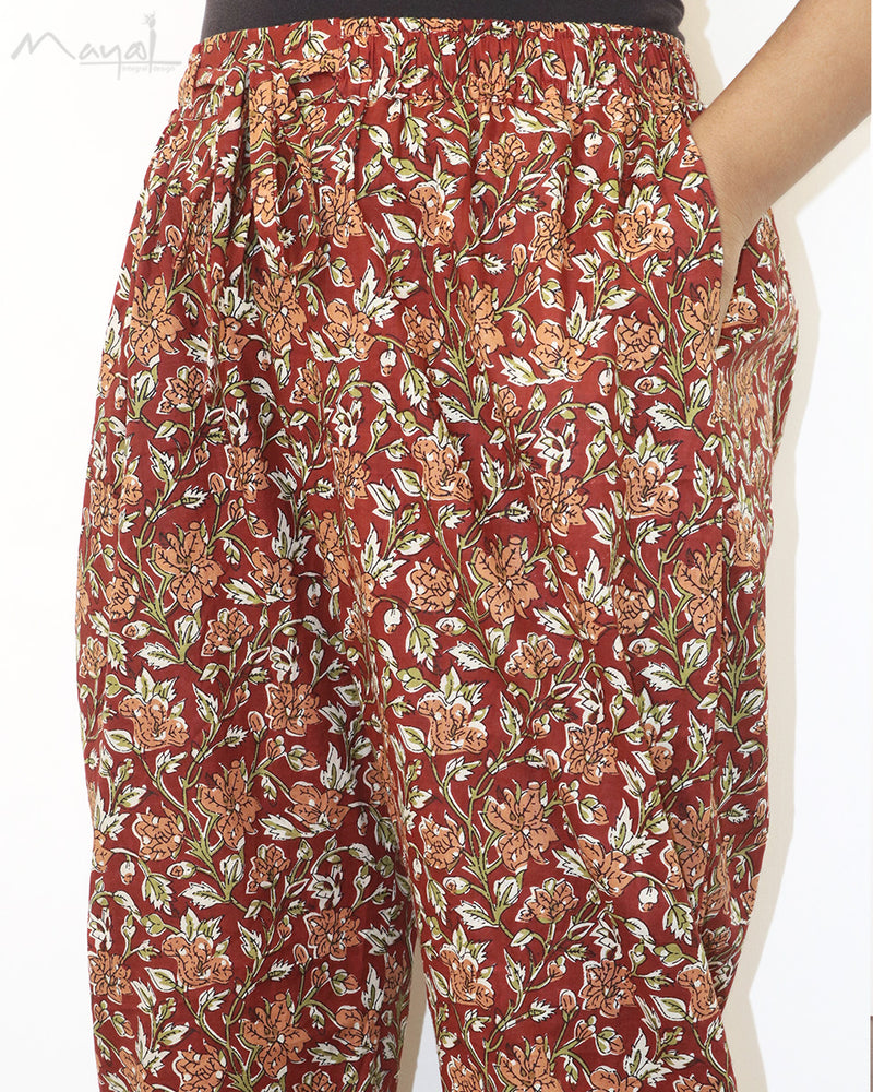 Brick Red Printed Cotton Kurta With Pant