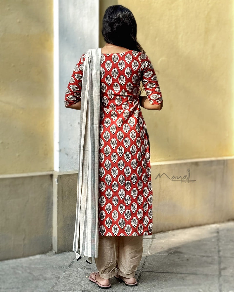 Matte Orange Handblock Printed Cotton Kurta Set