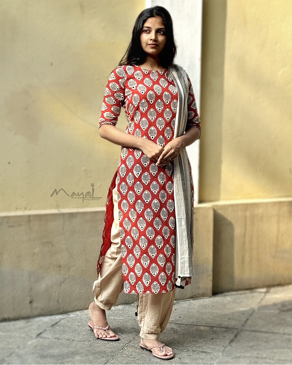 Matte Orange Handblock Printed Cotton Kurta Set