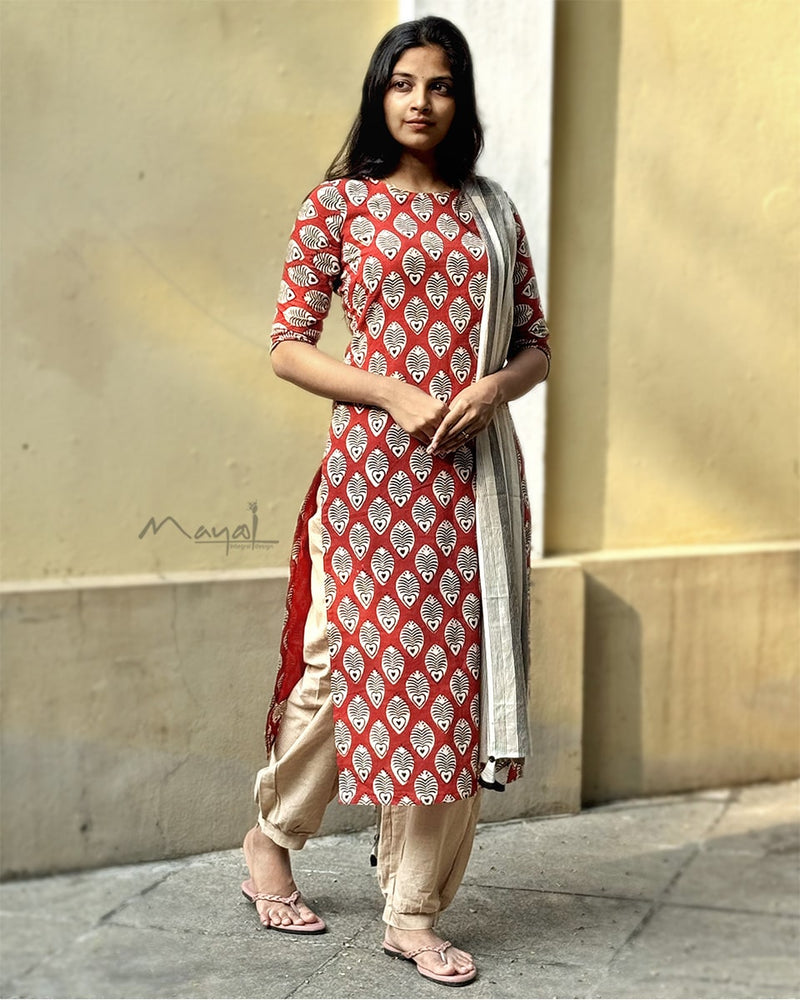 Matte Orange Handblock Printed Cotton Kurta Set