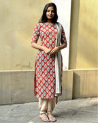Matte Orange Handblock Printed Cotton Kurta Set
