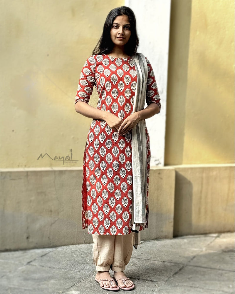 Matte Orange Handblock Printed Cotton Kurta Set