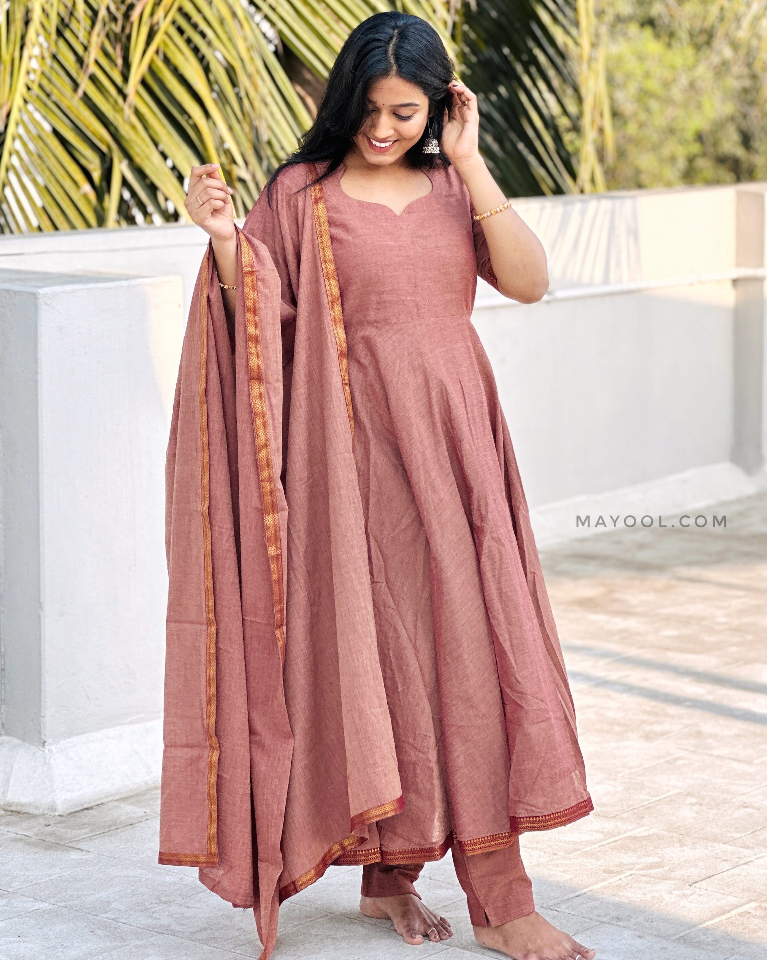 Brownish Pink Handloom Cotton Anarkali Dresses