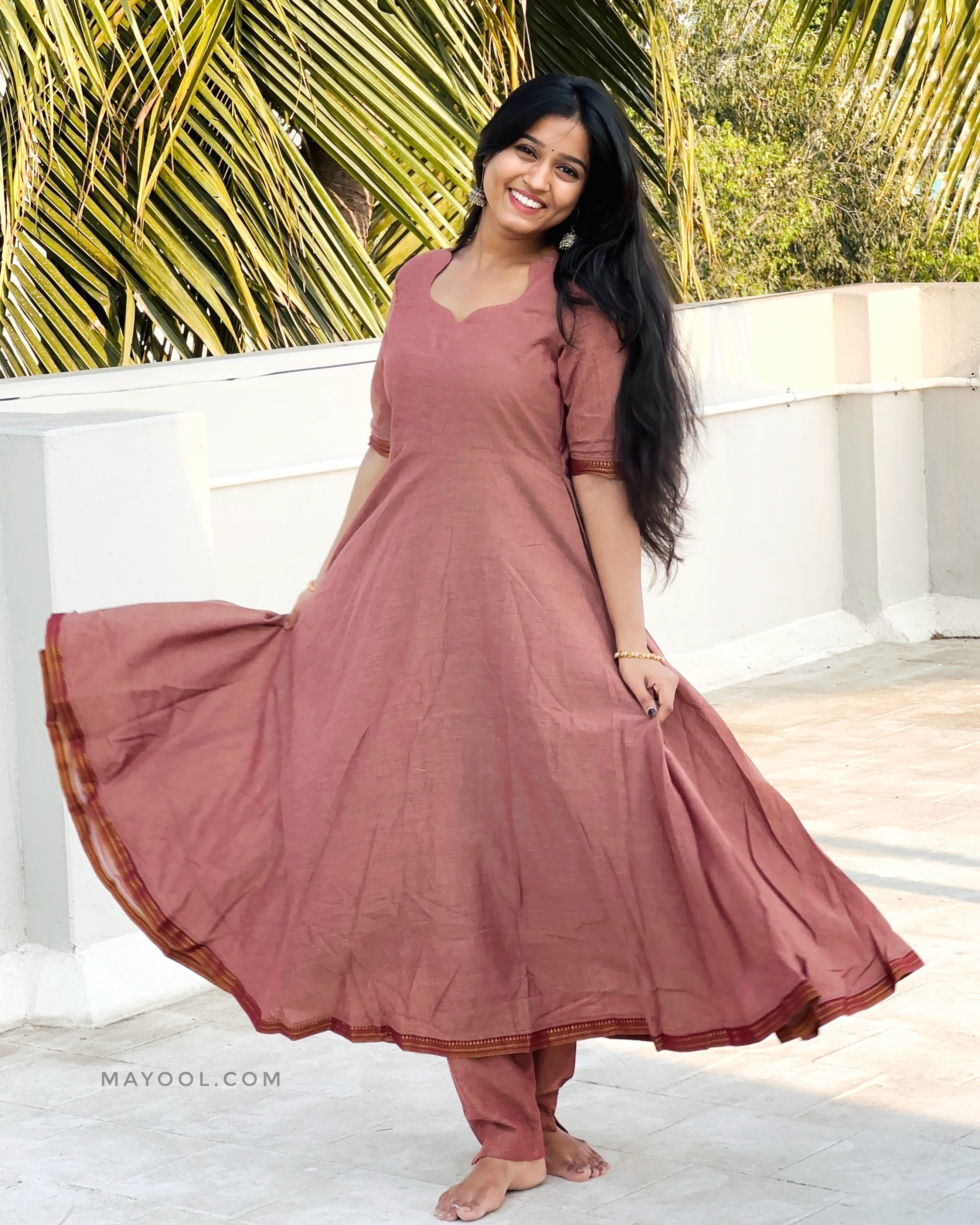 Brownish Pink Handloom Cotton Anarkali Dresses