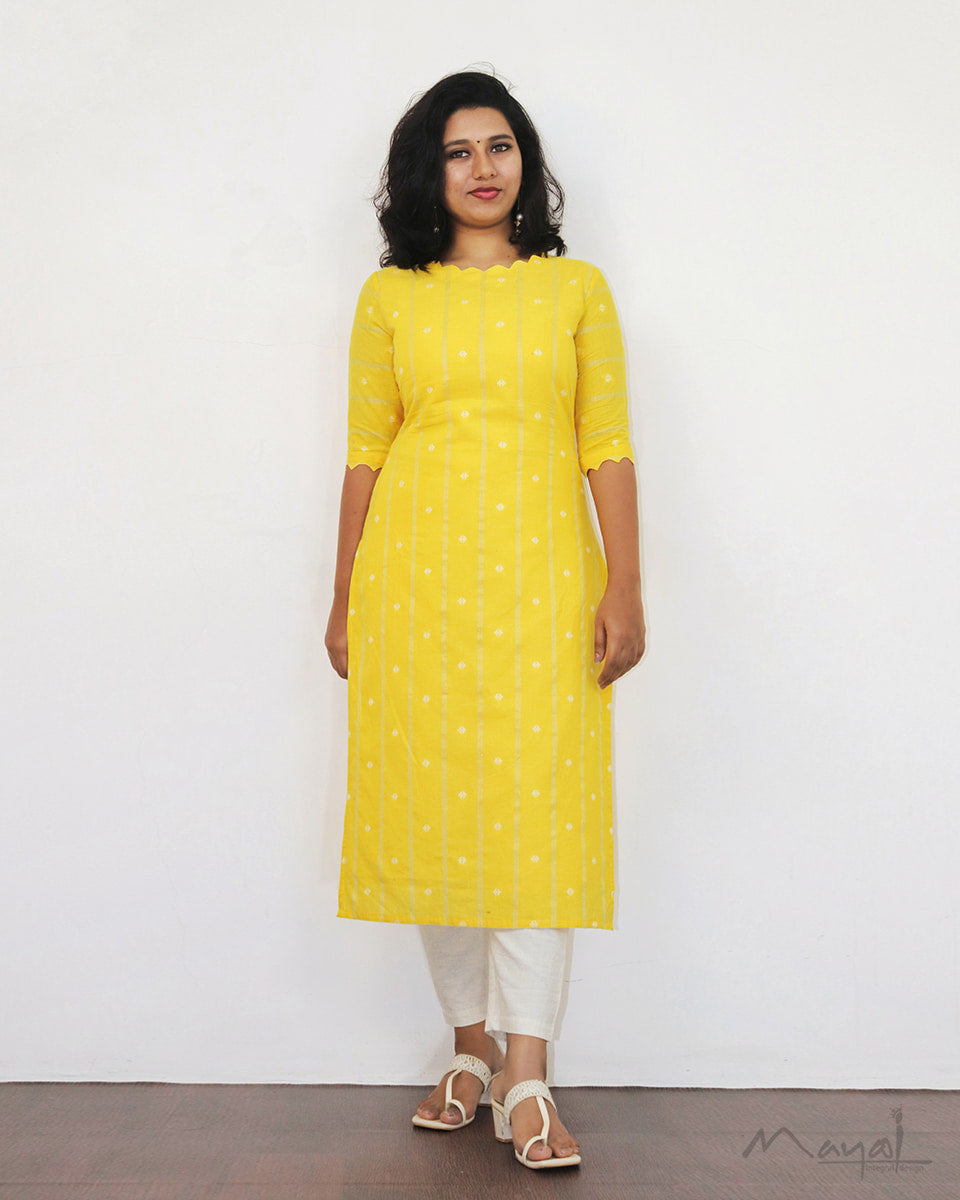 Canary Yellow Self Design Cotton Kurta