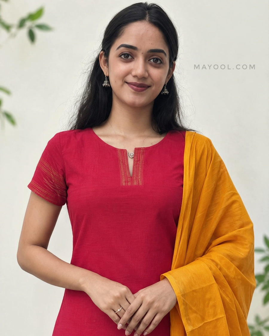Carmine Red Zari Border Cotton Kurta