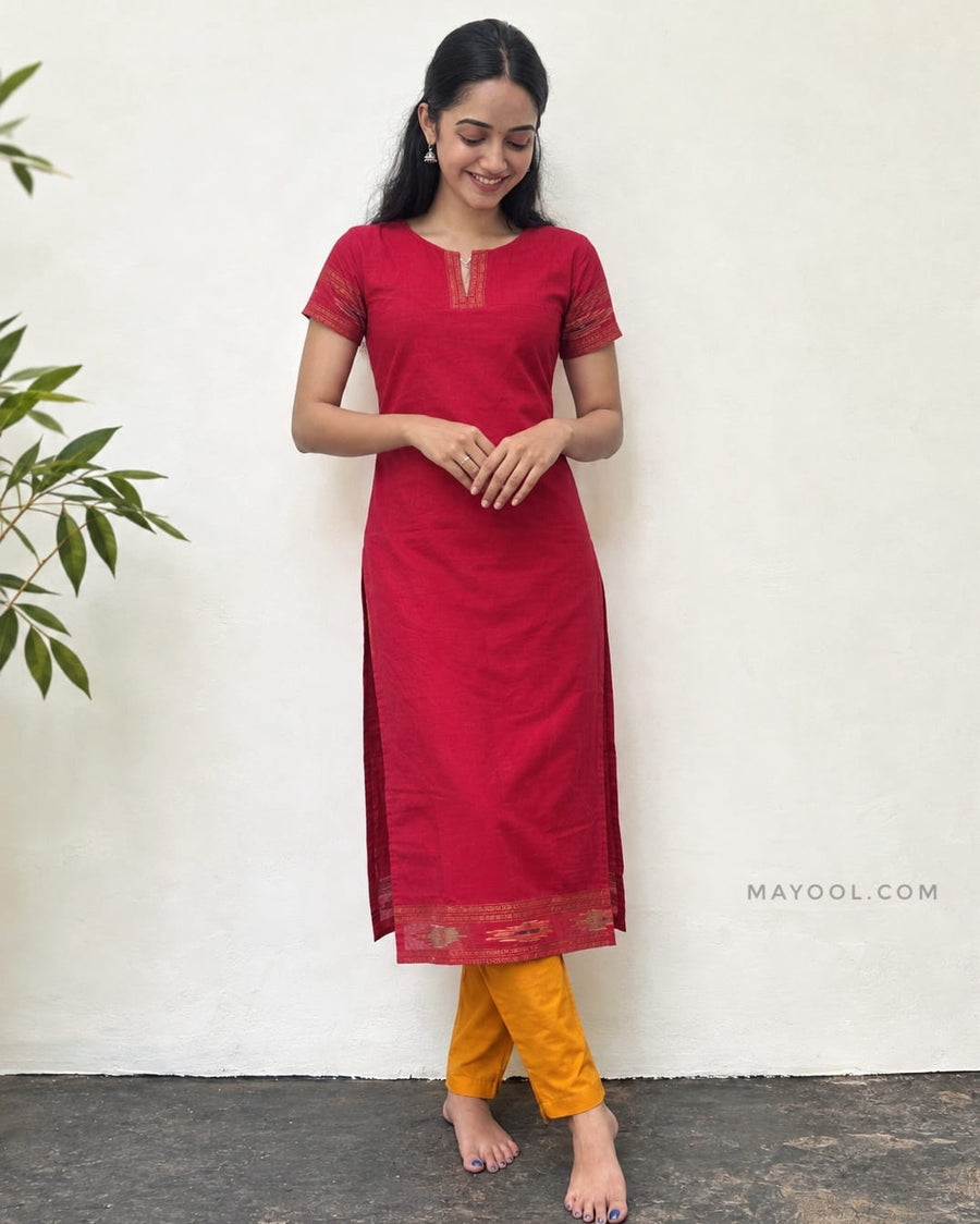 Carmine Red Zari Border Cotton Kurta
