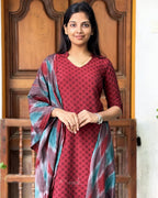 Cherry Red Self Design Jacquard Cotton Kurta