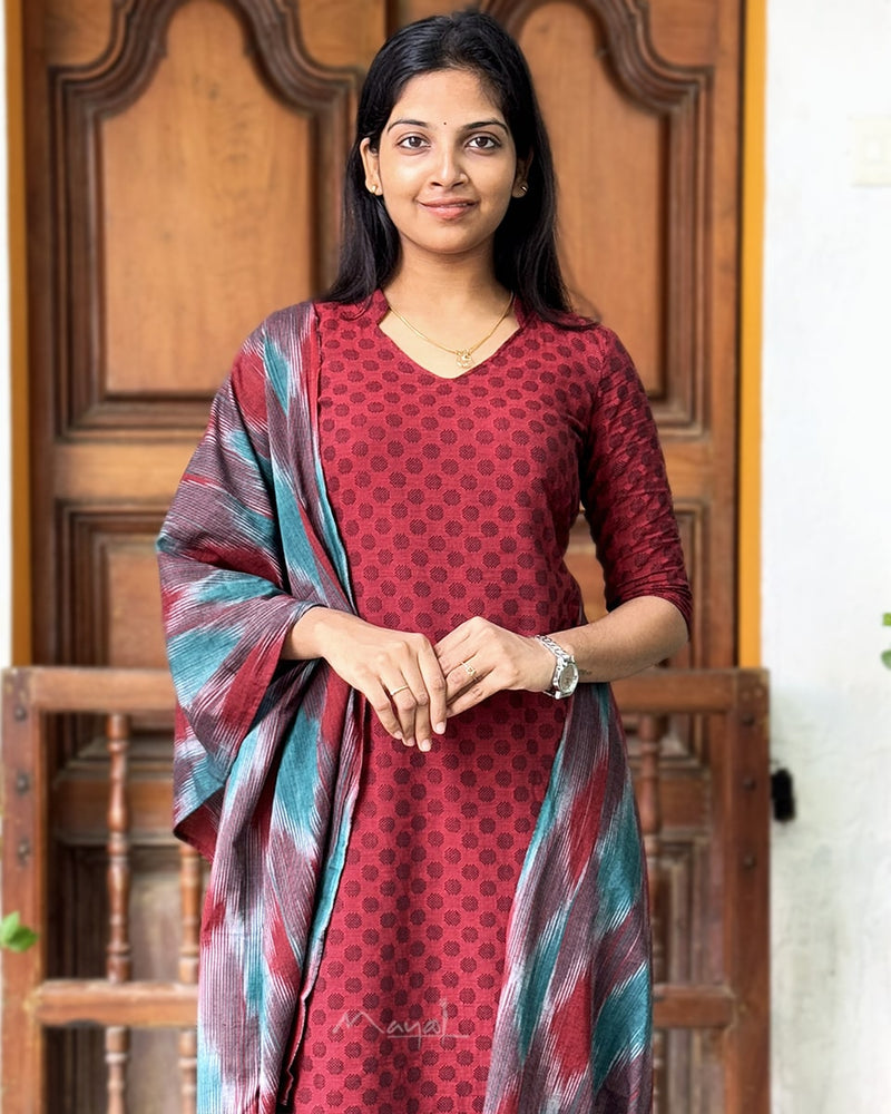 Cherry Red Self Design Jacquard Cotton Kurta