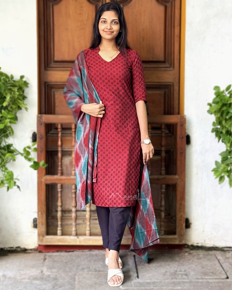 Cherry Red Self Design Jacquard Cotton Kurta