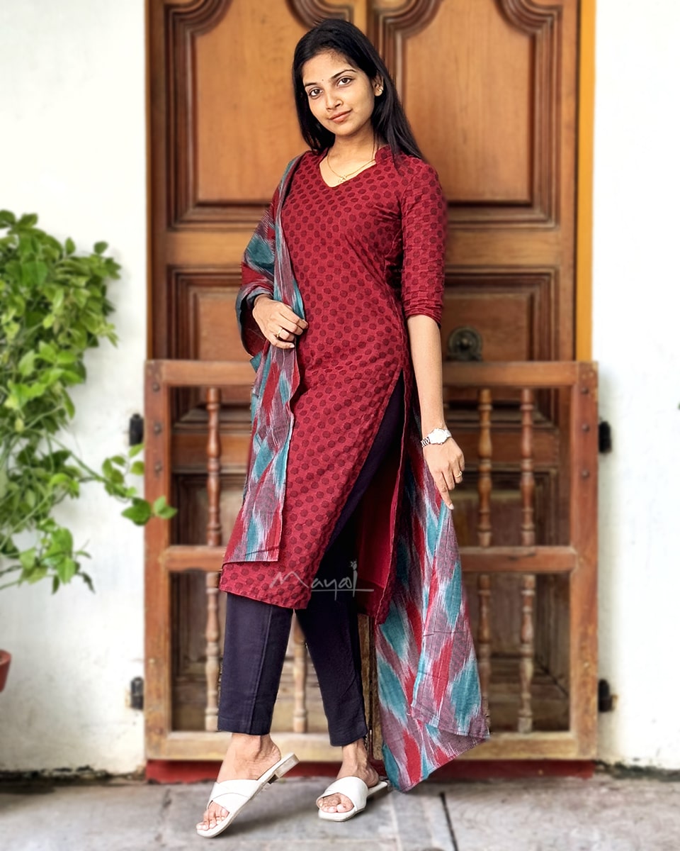 Cherry Red Self Design Jacquard Cotton Kurta