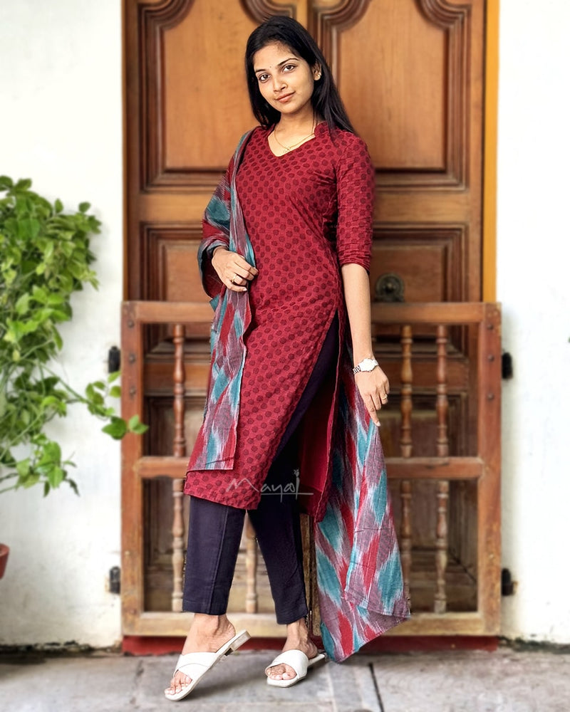 Cherry Red Self Design Jacquard Cotton Kurta