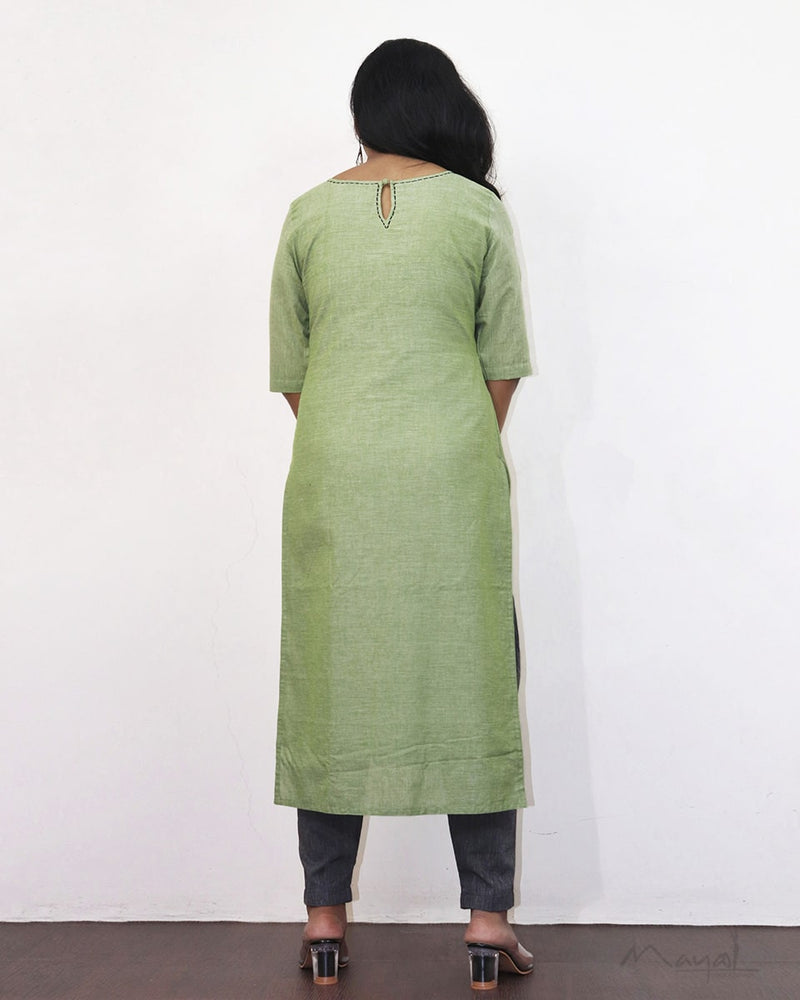 Tea Green Cotton Kurta With Minimal Embroidery