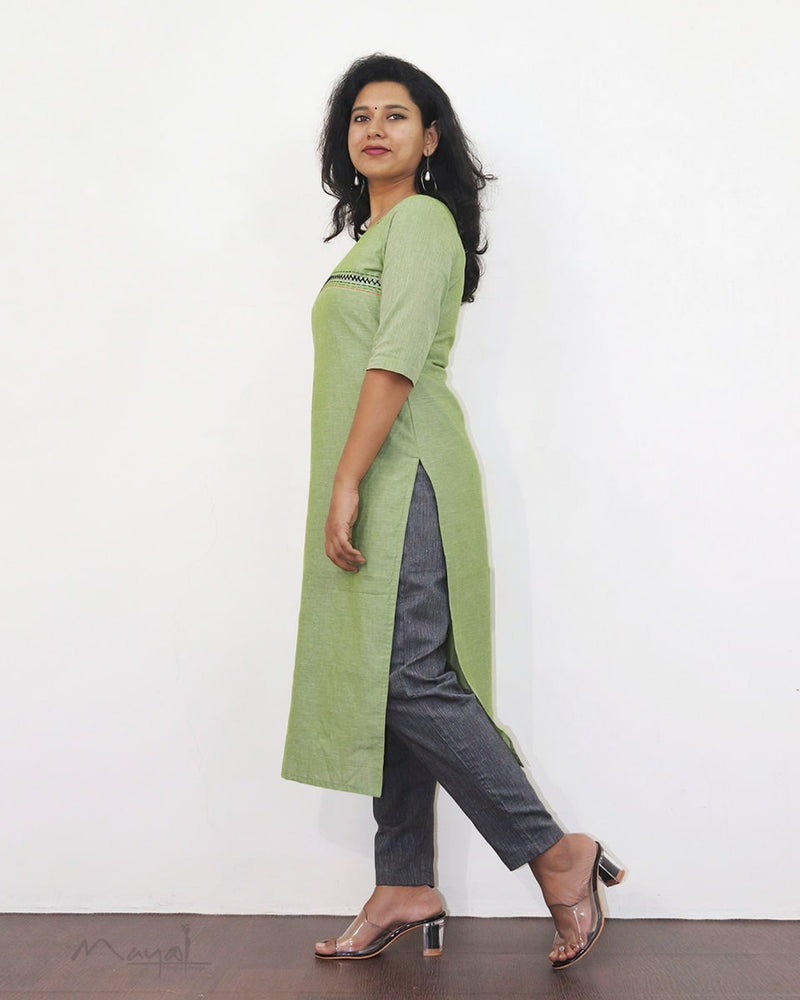 Tea Green Cotton Kurta With Minimal Embroidery