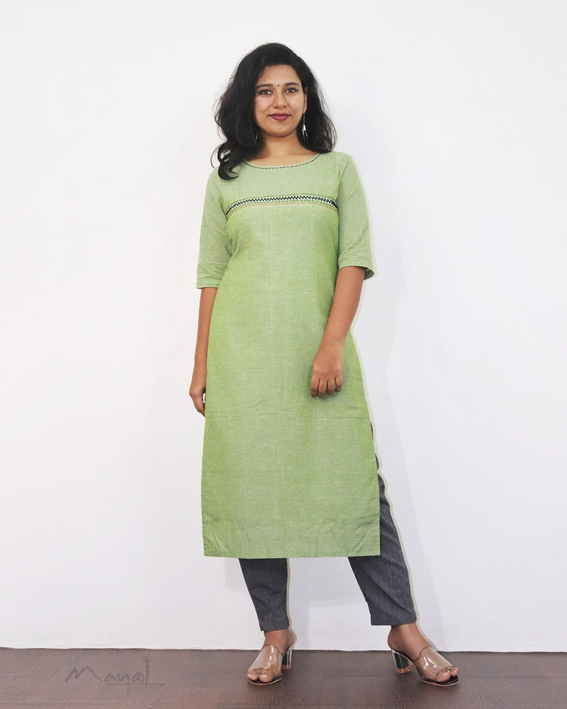 Tea Green Cotton Kurta With Minimal Embroidery