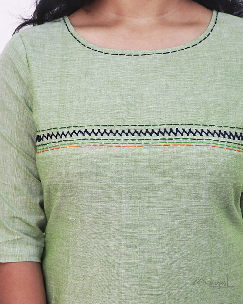 Tea Green Cotton Kurta With Minimal Embroidery