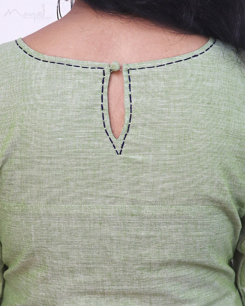 Tea Green Cotton Kurta With Minimal Embroidery