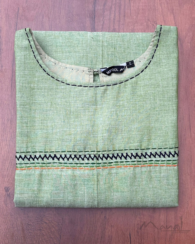 Tea Green Cotton Kurta With Minimal Embroidery