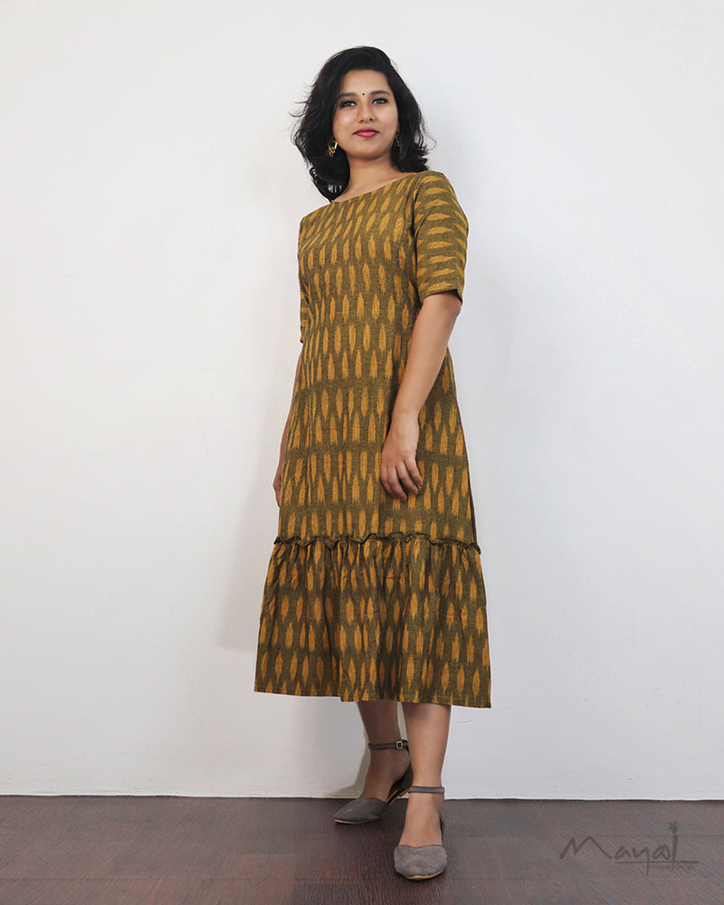Dark Olive Ikat A-line Flare Dresses
