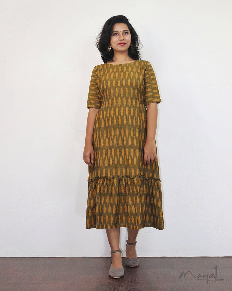 Dark Olive Ikat A-line Flare Dresses