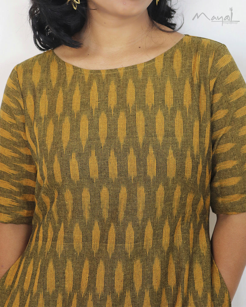 Dark Olive Ikat A-line Flare Dresses