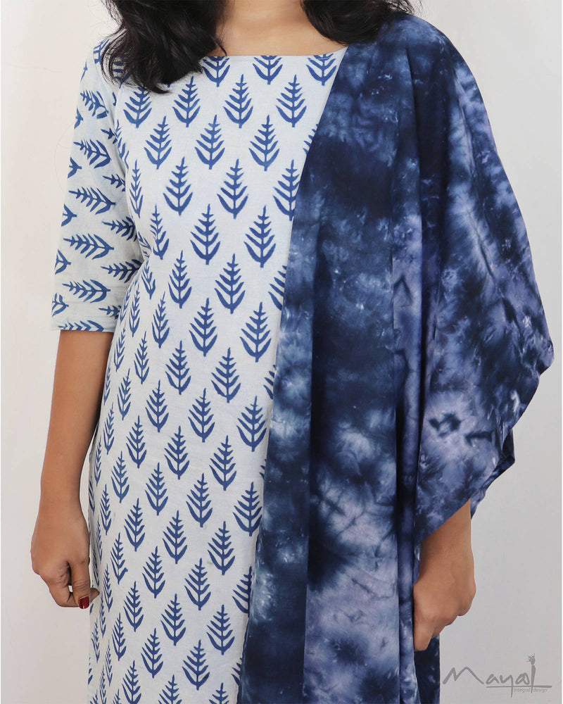 Indigo White Handblock Print Mul Cotton Kurta