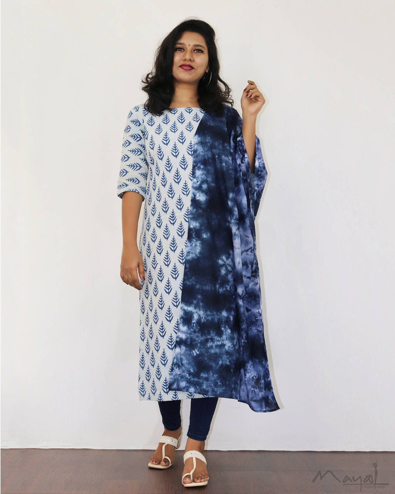 Indigo White Handblock Print Mul Cotton Kurta