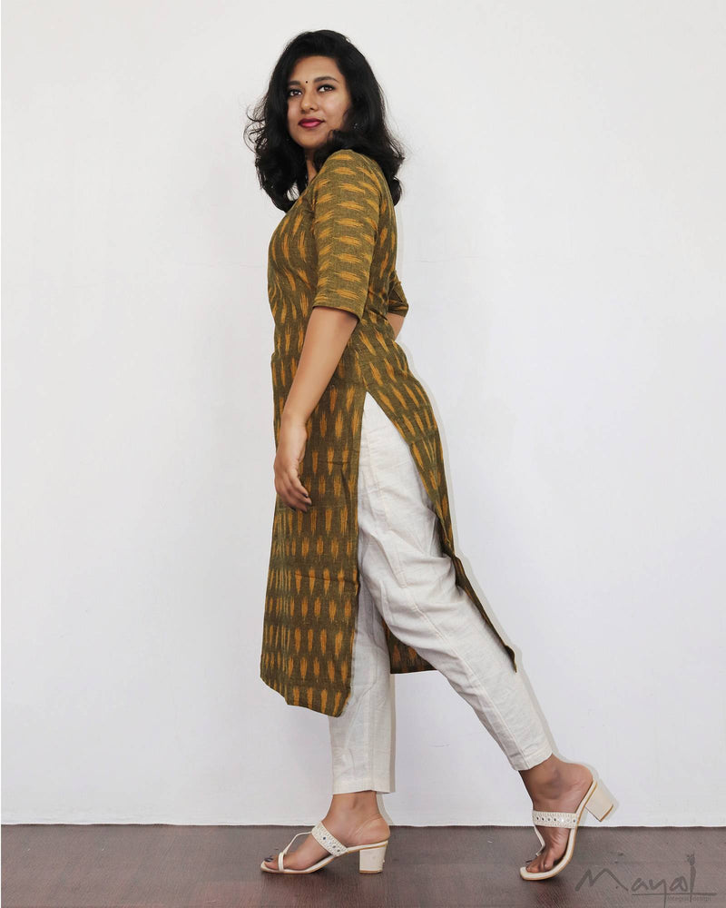 Dark Olive Ikat Kurta