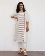 Creamy White Pink Printed Cotton Kurta