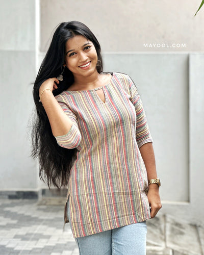 Faded Grey Multicolour Cotton Short Kurta