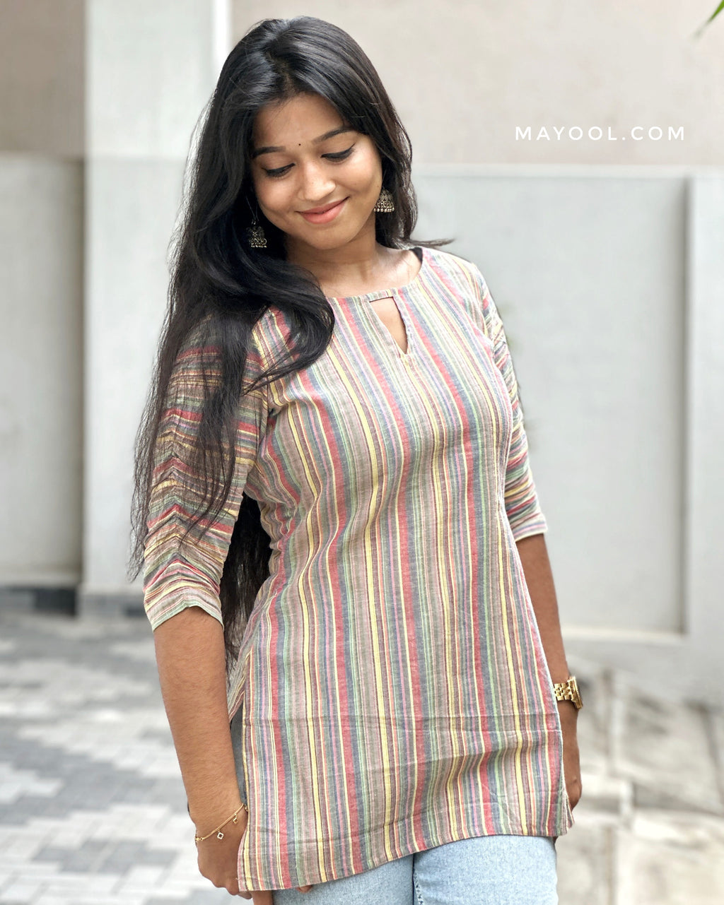 Faded Grey Multicolour Cotton Short Kurta