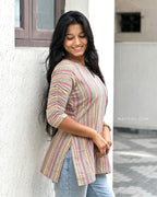 Faded Grey Multicolour Cotton Short Kurta
