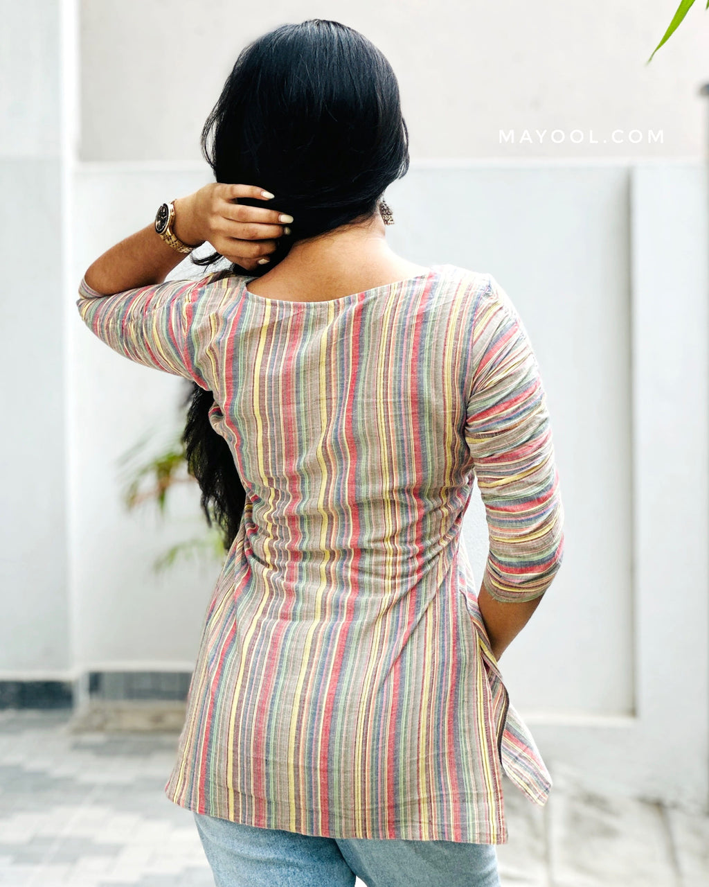 Faded Grey Multicolour Cotton Short Kurta