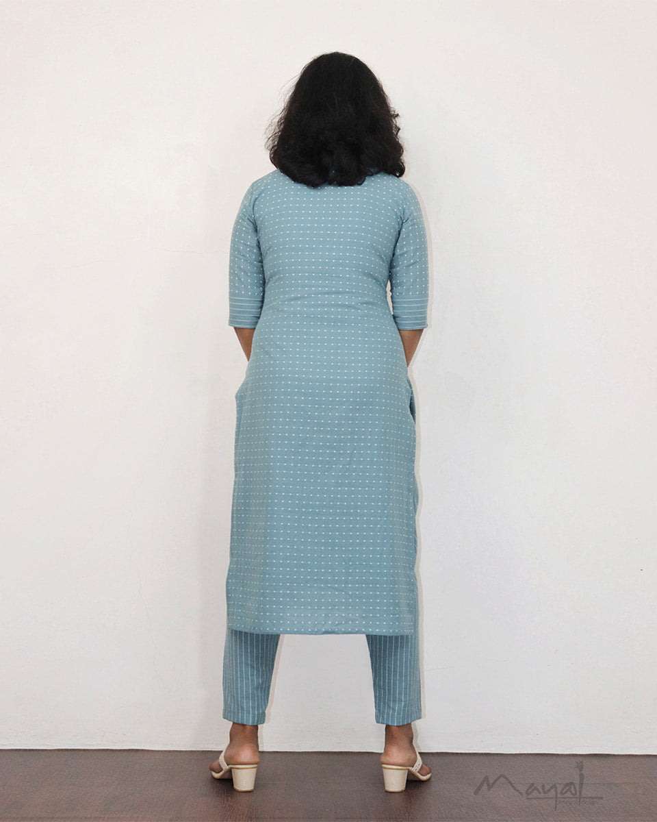 Frost Blue Self Design Cotton Kurta
