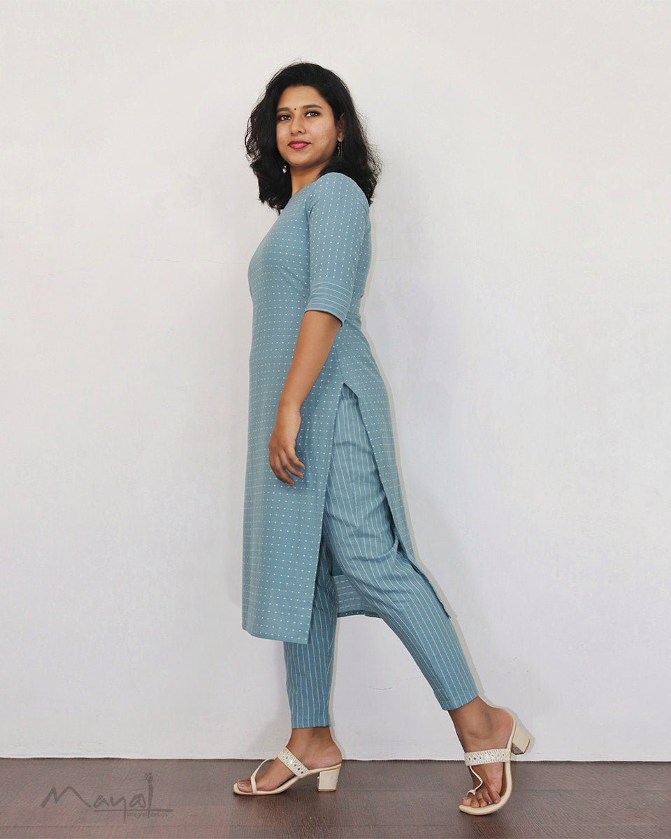 Frost Blue Self Design Cotton Kurta