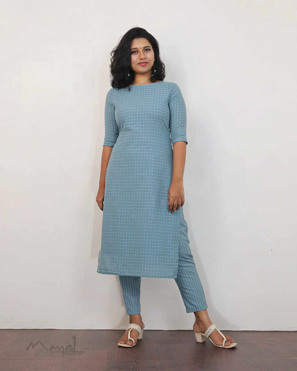 Frost Blue Self Design Cotton Kurta