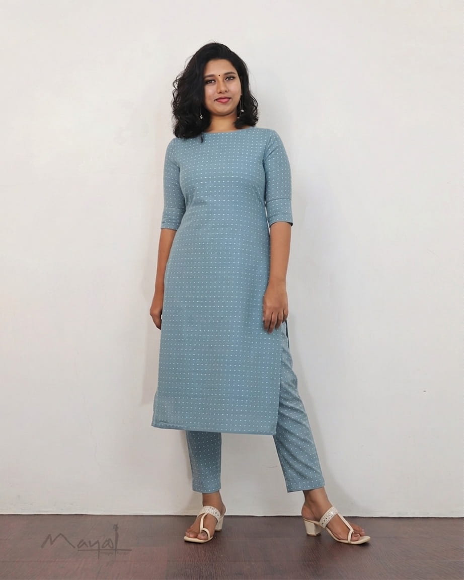 Frost Blue Self Design Cotton Kurta